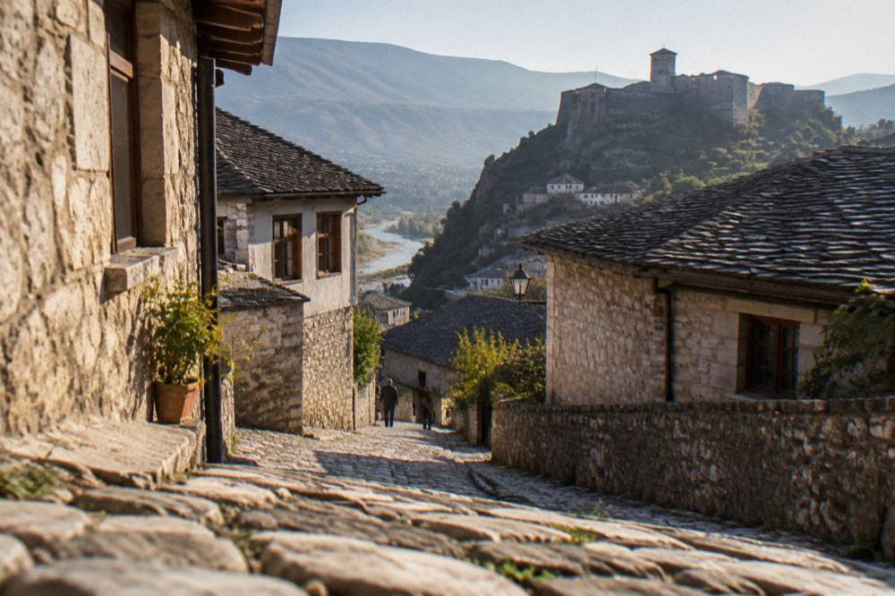 A narrow cobbled lane between stone houses in an old Albanian town