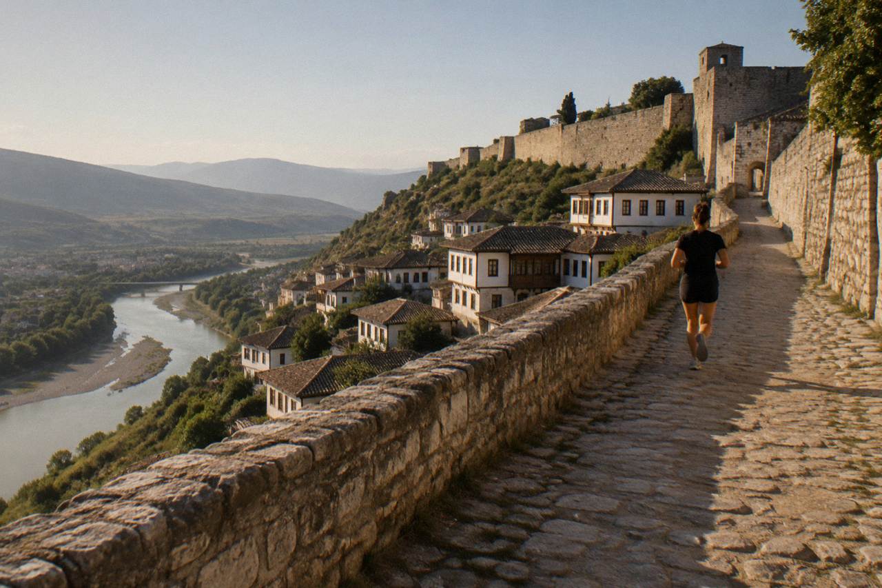White Ottoman houses stacked on a hillside above a river in Berat, Albania