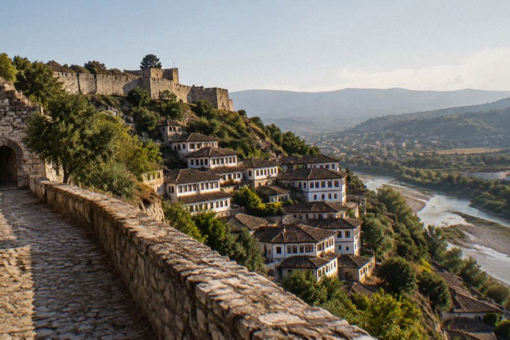 White Ottoman houses stacked on a hillside above a river in Berat